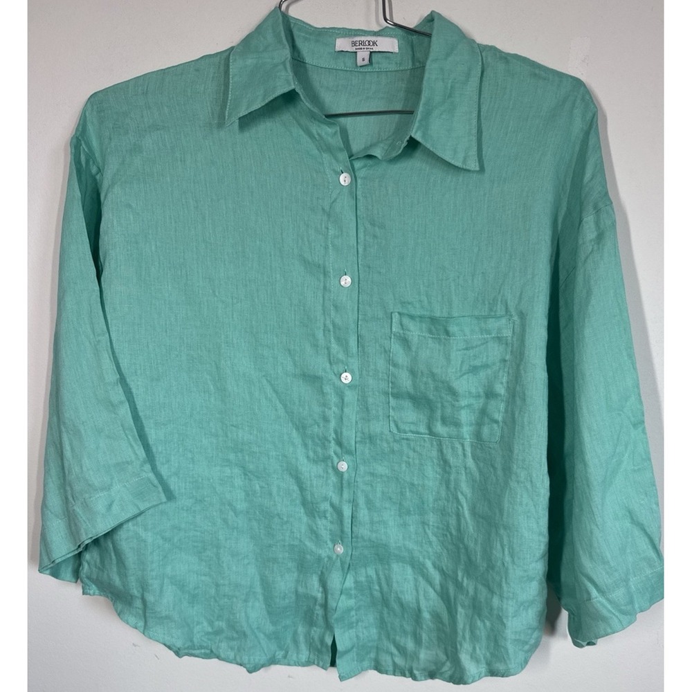 Berlook Women's 100% Aqua Linen‎ 3/4 Flared Sleeves Size S Oversized Coastalcore